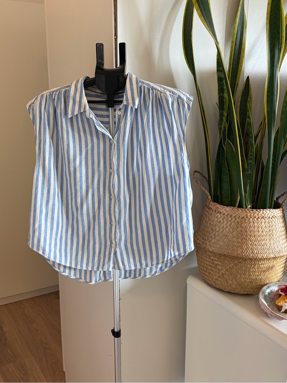 H&M Blue and White Vertical Stripe Sleeveless Button-Down Top